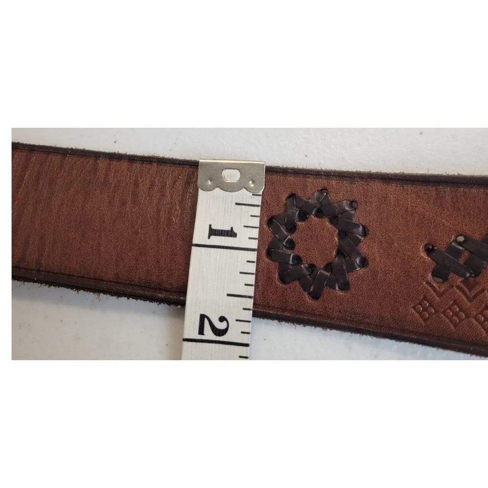 Mossimo Leather Belt Boho Western Woven Whipstitch Brass Buckle Brown 32 in